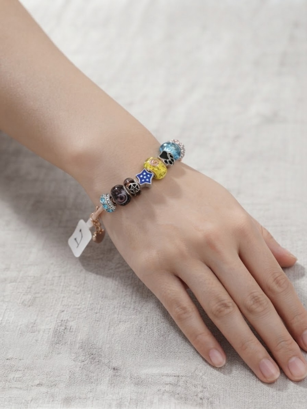 Beaded Charm Bracelet with Blue, Yellow & Black Accents glass beads